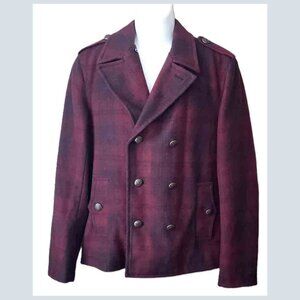 Ben Sherman Peacoat Coat Red Gray Wool Blend Plaid Double Breasted Men's SLIM M